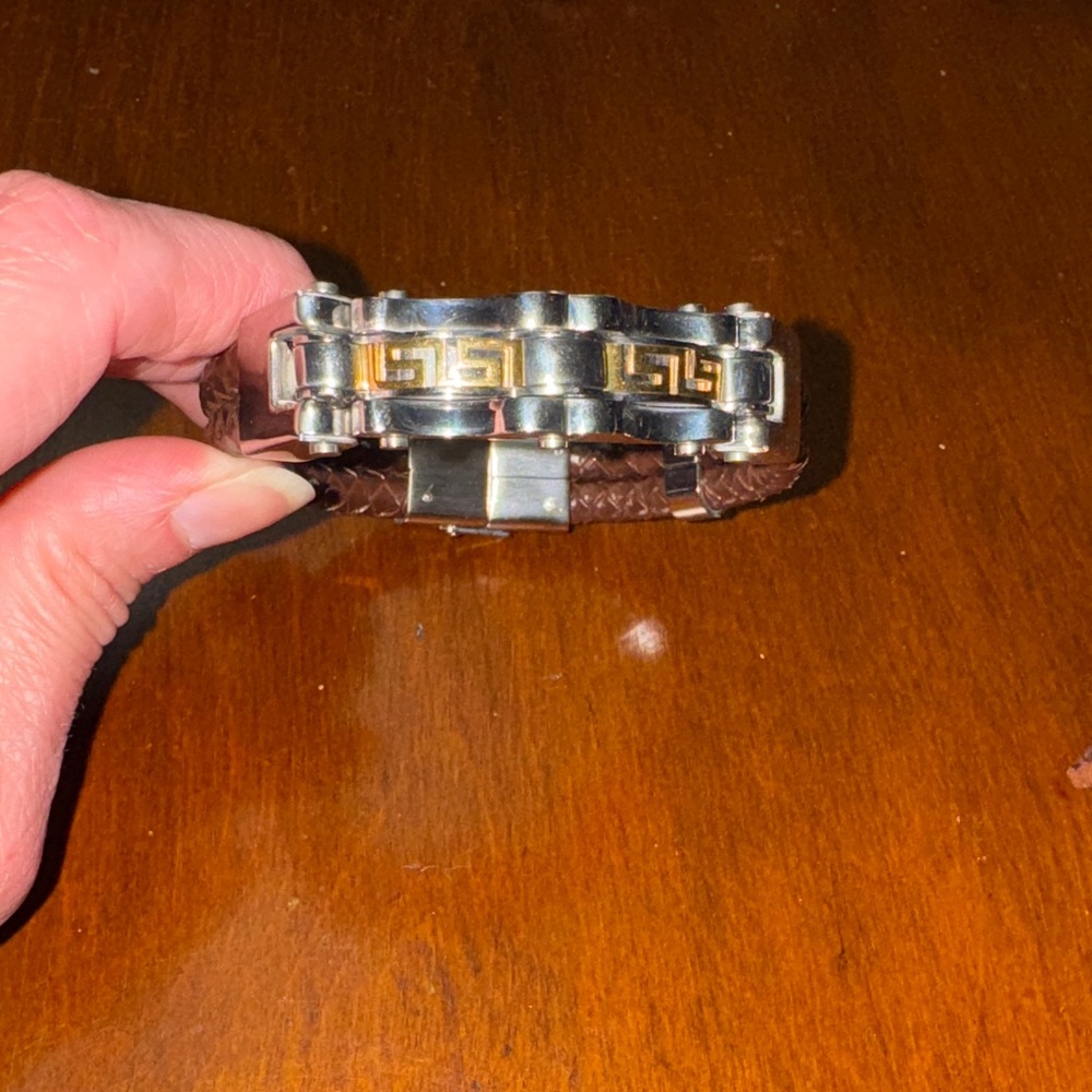 Silver and Brown Bracelet with Greek Key Design